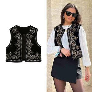 Traf Gilet corto da donna vintage con scollo a V e paillettes ricamate a fiori Gilet da donna in velluto casual senza maniche