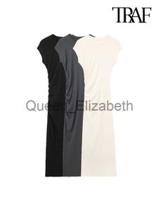 الفساتين غير الرسمية TRAF Women Fashion Side Ruched Midi Dress Vintage O Neckless Slyveless Female Vestidos Mujer J230625