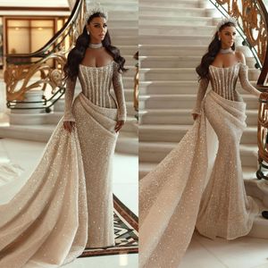 Glamorous Vestidos De Noiva Sereia Bateau Mangas Compridas Pregas Até O Chão Sem Encosto Destacável Trem Feito Sob Medida Vestido de Noiva Plus Size Vestidos De Novia