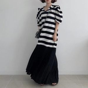 Casual Dresses Korean Chic Summer Vintage Niche Navy Collar Bump Color Striped Loose Bubble Sleeve Dress Long Skirt Female