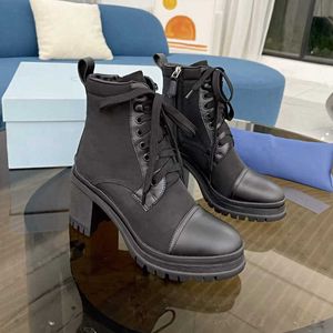 Stivali firmati Fahion Inverno sopra le ginocchia Martin Boot Scarpe con plateau in vera pelle Donna Nylon Combattimento in pelle nera Tacco alto 7,5 cm Eu36-41 Con scatola NO256