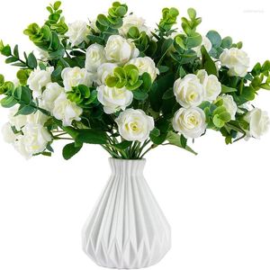 Dekorative Blumen, 1 Bund, 5 Zweige, 11 Blütenköpfe, Rosen, Eukalyptusblätter, Blumenstrauß, Blanche Artificielle, Dekoration, Mariage, Kunstblumen