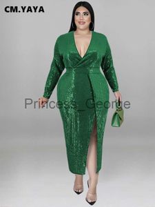 Sukienki zwyczajne CMYAYA Plus Size Cequine Women Wrap Vneck Long Rleeve High Side Slit Maxi Long Sexy Party Club Nawet BodyCon Midi Sukienka x0625