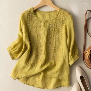 Women's Blouses China Style Shirt Women Summer 2023 Embroidery Casual Loose Seventh Sleeve Cotton Linen Top O-Neck YCMYUNYAN
