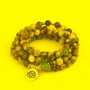 Strang Perlenstränge 8mm Mix Natursteinperlen mit Lotus OM Buddha Charm Armband für Frauen 108 Mala Yoga Schmuck GiftBeaded