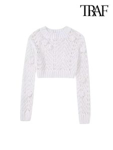 Kvinnors tröjor Kvinnor Fashion Flower Crochet Croped Knit Sweater Vintage O Neck Long Sleeve Kvinnliga tröjor Chic Topps