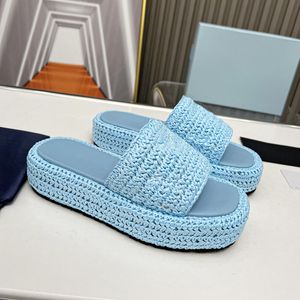 Black Natural Crochet Fabric Flatform Sandals Slippers Woven Platform Mule Fashion Chunky Bottom Slide Summer Beach Rubber