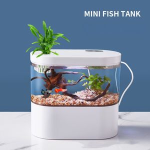 Dekorationer Desktop Creative Mini Aquarium Fish Tank med biokemiskt filtreringssystem och LED -ljus Betta Fish Ecological Water Cycle 230625