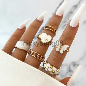 Anéis de banda Bohemian Green Crystal Kunckle Rings Set For Women Esmalte Heart Geometric Finger Ring Feminino Girls Fashion Jewelry x0625