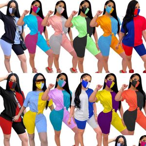 Women'S Two Piece Pants Designer Womens Spring And Summer Short Sleeve Shortswork Suit Color Contrast Tight Casual Sexy With Mask Dr Dhcmz