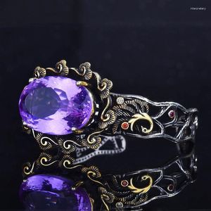 Bangle Luxury Charm Hollow Flower Edge Armband Inlay Purple överskrider Big Zircon Vintage Geometry Women Wedding Engagement Jewelry Melv22
