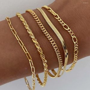 Länk armband guldfärg kvinnor armband rostfritt stål kubansk pappersklippkedja tennis pärlstav set mode smycken tillbehör