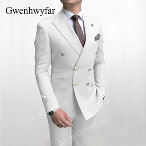 Skjortor Gwenhwyfar Sky Blue Men Suits Double Breasted 2020 Senaste Design Gold Button Groom Wedding Tuxedos Bästa kostym Homme 2 stycken