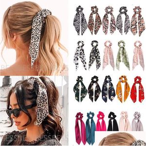 Hårtillbehör Fashion Leopard Print Bow Satin Long Ribbon Ponytail Scarf Tie Scrunchies Women Girls Elastic Hairband Hairs 20st DHB4I