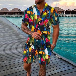 Herrspårar Parrot Animal Print Button Shirt Hawaii Shirts Shorts Two Piece Set Herrkläder Matchande Set Vacation Club Party Beachwear 230621