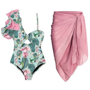 Women's Swimwear Fashion Print Bikini Ruffle Swimsuit and Beachwear Deep-v Holiday Beach Dress Summer Bathing Suit Backless Surf Wear 230621