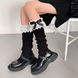 Women Socks Harajuku Twist Cable Knitted Leg Warmer Cute Bowknot Ruffled Lace Student Warm Foot Cover Stockings