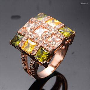 Anéis de casamento de luxo feminino multicolorido zircão grande quadrado para mulheres cor de ouro rosa amarelo pedra verde oliva grande anel de coquetel joias