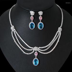 Necklace Earrings Set Multi-Color Women Wedding Party Dress Jewelry Bridal CZ 2pcs Bijoux Femm