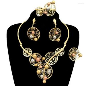 Necklace Earrings Set 2023 Est Brazilian Gold Large Colorful Beads Ladies Wedding Jewelry Exaggerated Bracelet Ring FHK12952
