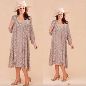 Plus Size Mother Of The Bride Dresses With Long Jacket 2023 Lace Appliqued Wedding Guest Dress Tea Length Beach Formal Wear