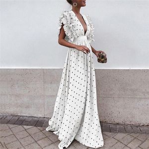 Casual Dresses Women's Summer V-ringning Backless Polka Dot Long Dress Chiffon Bohemian Beach Hollow Out Fit and Flare Maxi Kvinna