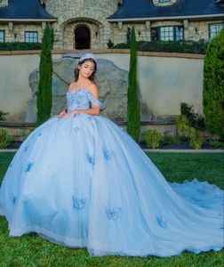 Seafoam Blue Butterfly Abiti Quinceanera Princess Off Shoulder Cathedral Train Lace-up Corsetto vestidos de 15 anos