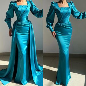 Elegant Peacock Blue Muslim Evening Gown Long Sleeves Overskirt Party Prom Dresses Pleats Formal Long Dress for red carpet special occasion