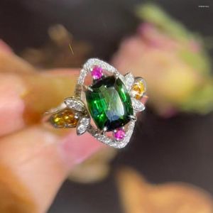 Cluster Rings Imitation Emerald Tourmaline Simple Temperament Flower Princess Square Opening Ring Female