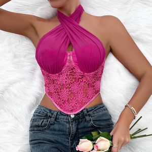 Serbatoi da donna Anni '90 Maglia Halter Flower Lace Crop Corsetto Top Donna Anni 2000 Abbigliamento Y2k Sexy See Through Backless Party Top Mujer Cami Bustier