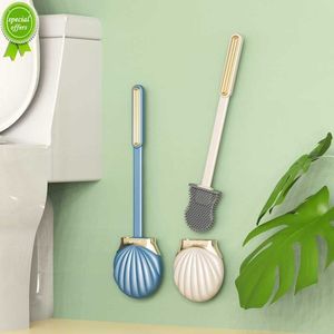 New Long Handle Silicone Flat Toilet Brush with Shell Shape Holder Dead Corner Cleaning Punchless Bathroom Accesories Sets Tools
