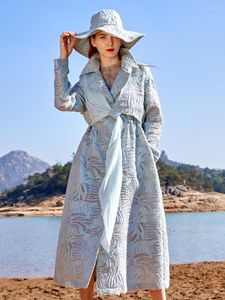 Women's Trench Coats 2023 Spring Retro Lapels Jacquard Stitching Chiffon Waist Long Knee-Length Coat Female Temperament