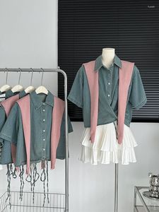 Kvinnors blusar Summer Women Korean Fashion Denim Shirts With Shawl Short Sleeve Jean Single-Breasted Crop Tops Vintage Streetwear Tide