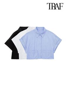 Damenblusen, modisch, mit Taschen, abgeschnittene Popeline-Hemden, Vintage-Stil, kurzärmelig, Button-up, weibliche Blusas, schicke Tops