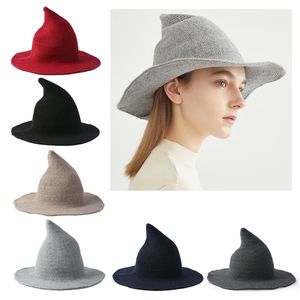 Halloween Cosplay Cappello da strega tinta unita a tesa larga mago a punta berretto da secchio inverno caldo faux lana lavorata a maglia cappelli da mascherata