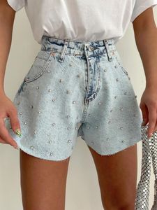 Women's Jeans High Waist Heavy Industry Denim Shorts Women's Clothing 2023 Summer Style Nailed Diamond Wide Leg Pants Fashion