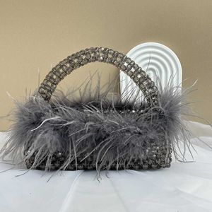 Büyük devekuşu saç el yapımı boncuklu çanta Sonbahar/Kış Yemeği Moda tüyü çanta 230625