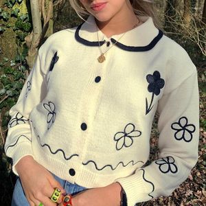 여자 스웨어 꽃 자수 겨울 winter y2k 미적 니트 탑 라펠 귀여운 스웨터 대형 한국 패션 긴 슬리브 블라우스