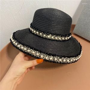 Berets Bonnet Black Lace Lampshade Straw Hat Fashion Tassel Pearl Big Rim Fisherman Hatstandard Mesh Eave Tide