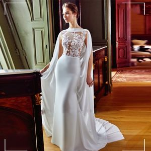 Squisiti abiti da sposa a sirena con scialle scollo rotondo Applicazioni in pizzo Abito da sposa in raso Sweep Train Coda di pesce Mariee Robe De Novia 326 326