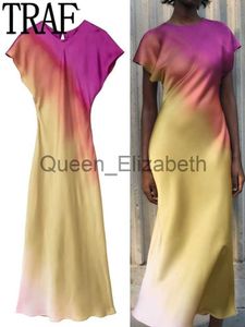 Casual Dresses TRAF Tie Dye Long Dress Women Short Sleeve Elegant Dresses For Women 2023 Vintage Midi Satin Dress Woman Evening Party Dresses J230625