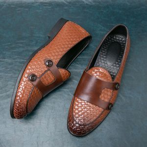 British Style Woven Pattern Double Monk Strap Shoes For Men Luxury Handmade Leather Loafers Slip On Mens Flats Dress Shoes