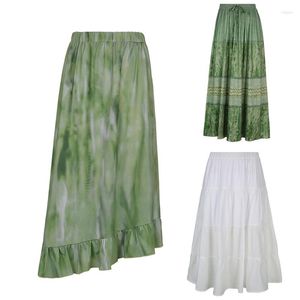 Skirts Women Vintage Lace-Up Bow Midi Long Flowy Skirt Boho Green Floral Printed Elastic High Waist Pleated A-Line Streetwear