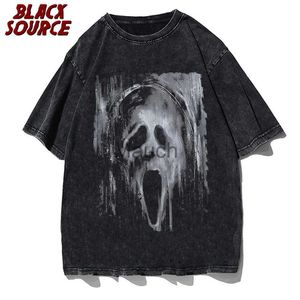 Erkek T-Shirt Hip Hop Streetwear TShirt Erkekler Harajuku Korku Hayalet Yüz Grafik T Gömlek Pamuk Yıkanmış kısa Kollu Büyük Boy Erkekler J230625