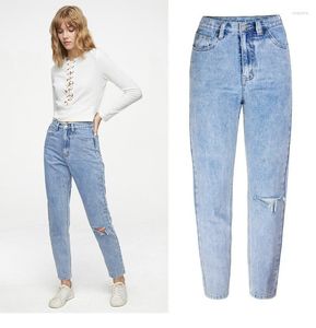 Kvinnors jeans kvinnors ljusblå hög midja tvättknapp rak pojkvän stil blekt rippade byxor klassiska kvinnor lös casual