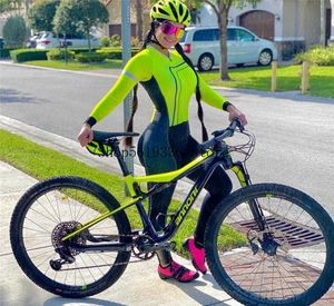 Fahrradbekleidung Sets Ganzkörper-Frauen-Overall Radfahren Sportanzug Triathlon-Body Langarm-Hosen Radfahren Skinsuit Trisuit Gelbe Gel-AnzügeHKD230625