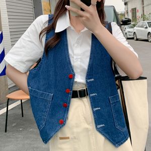 Koreanischen Stil V-ausschnitt Denim Weste für Frauen 2022 Vintage Einreiher Jeans Westen Frau Kurze Ärmellose Oberbekleidung