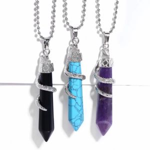 Women Hexagon Bullet Necklace Fashion Natural Gem Stone Crystal Amethyst Blue Turquoise Malachite Green Aventurine Snake Wrap Pendant