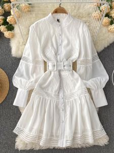 Casual Dresses Autumn Solid Color Lace Patchwork Ruffles Hollow Out Dress Women Lantern Long Sleeve Buttons Sashes A Line Short