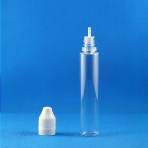 100セット/ロット30mlユニコーン透明プラスチックドロッパーボトルチャイルド抵抗タンパープルーフ長い薄い先端e液体蒸気ジュースe-liquide 30 ml qqka